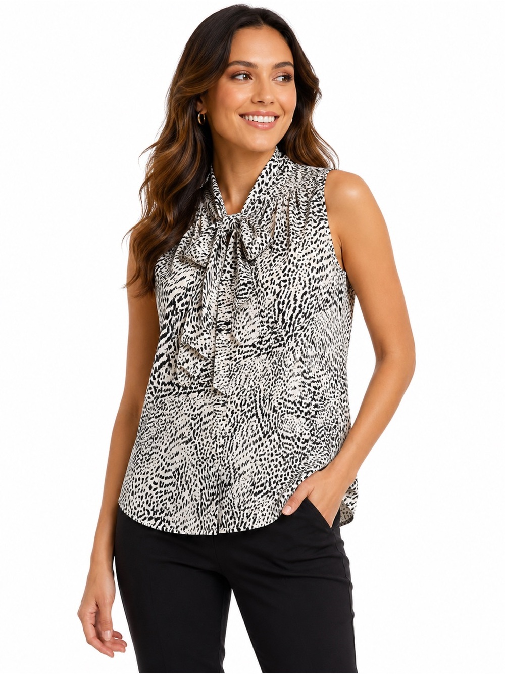 Banana Republic Sleeveless Animal Print Tie Neck‎ Blouse Career Chic Size Small